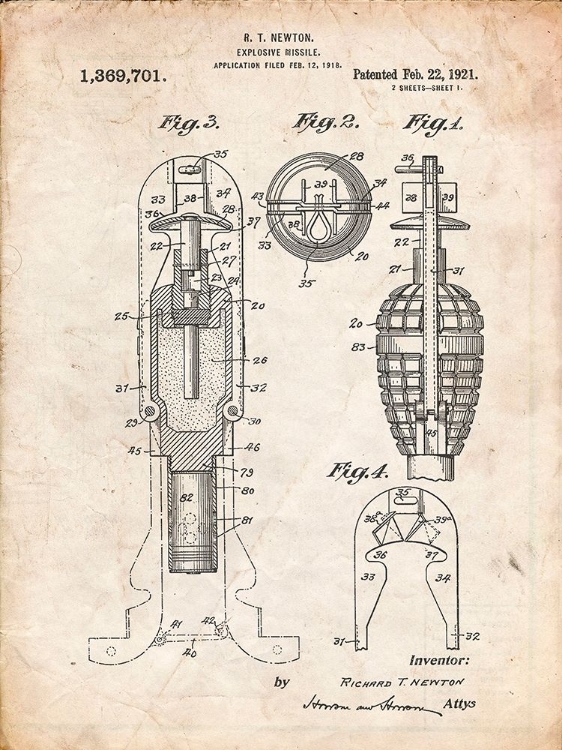 Picture of PP12-VINTAGE PARCHMENT EXPLOSIVE MISSILE PATENT POSTER