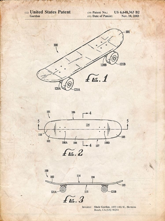 Picture of PP17-VINTAGE PARCHMENT DOUBLE KICK SKATEBOARD PATENT POSTER