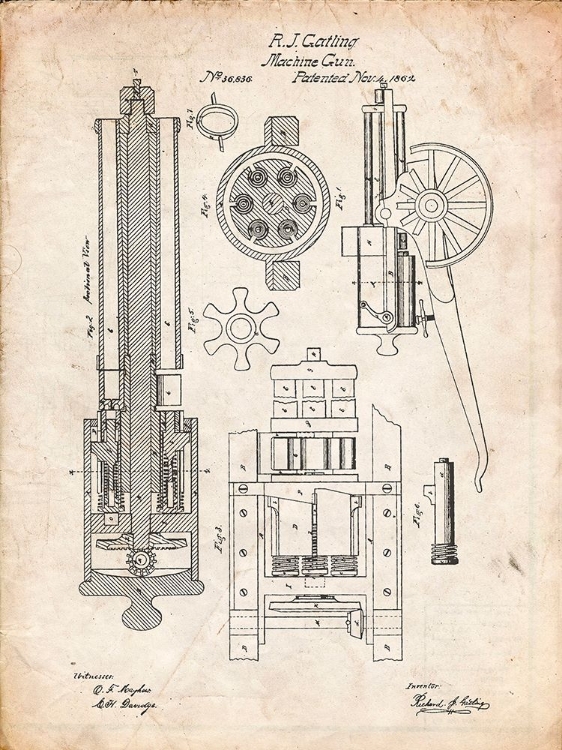 Picture of PP23-VINTAGE PARCHMENT GATLING GUN PATENT POSTER