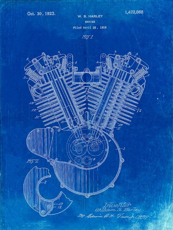 Picture of PP24-FADED BLUEPRINT HARLEY DAVIDSON ENGINE 1919 PATENT POSTER