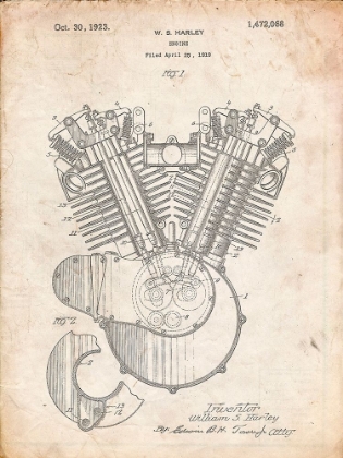 Picture of PP24-VINTAGE PARCHMENT HARLEY DAVIDSON ENGINE 1919 PATENT POSTER