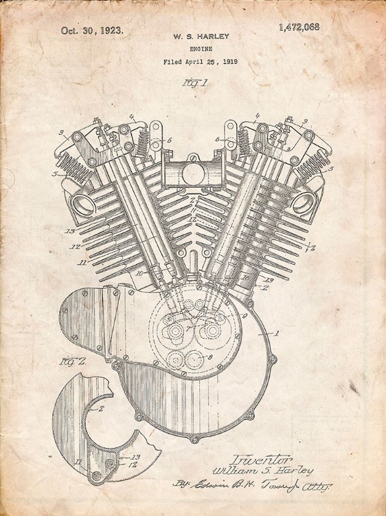 Picture of PP24-VINTAGE PARCHMENT HARLEY DAVIDSON ENGINE 1919 PATENT POSTER