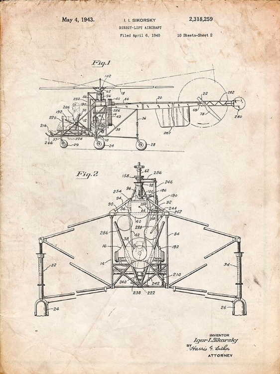 Picture of PP28-VINTAGE PARCHMENT SIKORSKY S-47 HELICOPTER PATENT POSTER