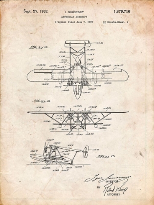 Picture of PP29-VINTAGE PARCHMENT BIWING SEAPLANE PATENT PRINT