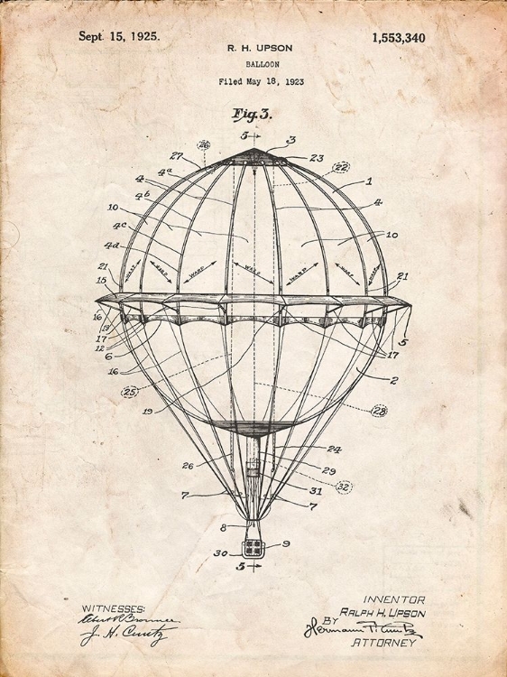 Picture of PP36-VINTAGE PARCHMENT HOT AIR BALLOON 1923 PATENT POSTER