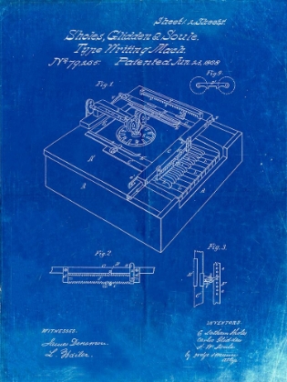 Picture of PP45-FADED BLUEPRINT SHOLES AND GLIDDEN TYPE- WRITER PATENT POSTER