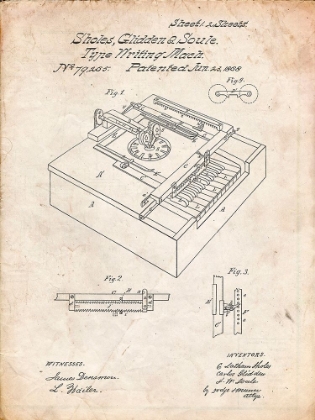 Picture of PP45-VINTAGE PARCHMENT SHOLES AND GLIDDEN TYPE- WRITER PATENT POSTER