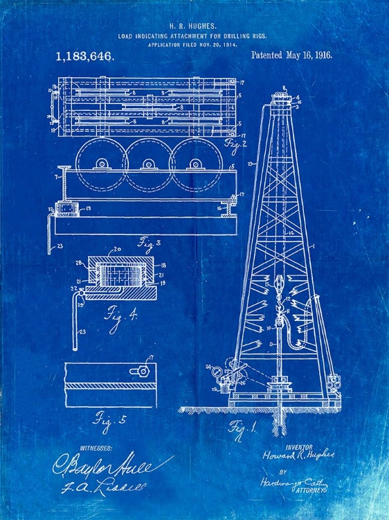 Picture of PP66-FADED BLUEPRINT HOWARD HUGHES OIL DRILLING RIG PATENT POSTER