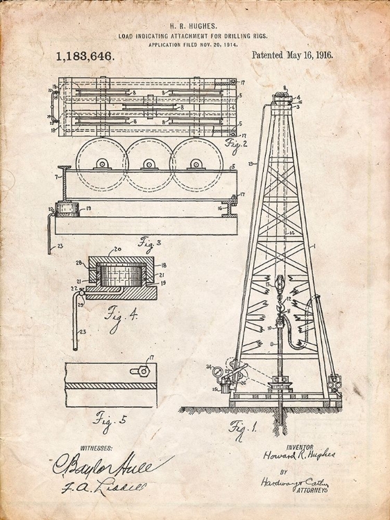 Picture of PP66-VINTAGE PARCHMENT HOWARD HUGHES OIL DRILLING RIG PATENT POSTER