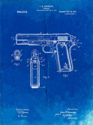 Picture of PP76-FADED BLUEPRINT COLT 1911 SEMI-AUTOMATIC PISTOL PATENT POSTER