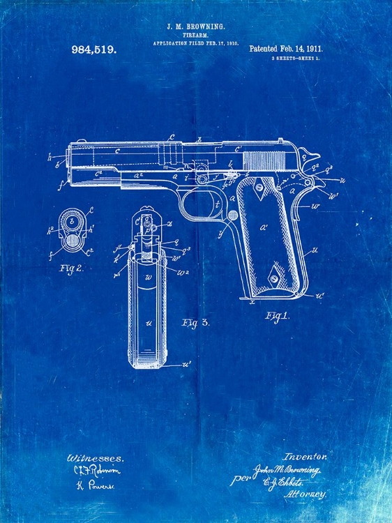 Picture of PP76-FADED BLUEPRINT COLT 1911 SEMI-AUTOMATIC PISTOL PATENT POSTER