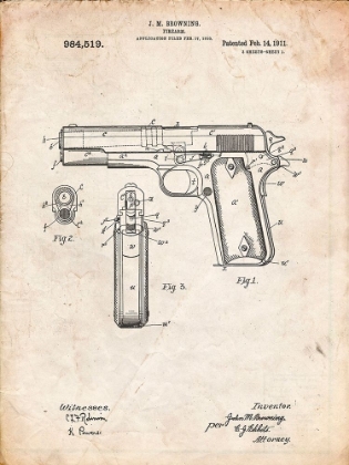 Picture of PP76-VINTAGE PARCHMENT COLT 1911 SEMI-AUTOMATIC PISTOL PATENT POSTER