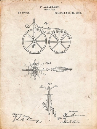 Picture of PP77-VINTAGE PARCHMENT FIRST BICYCLE 1866 PATENT POSTER