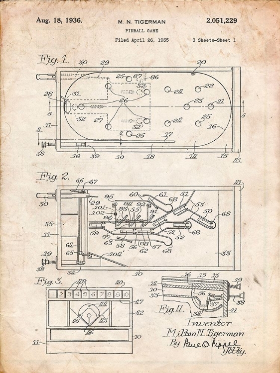 Picture of PP79-VINTAGE PARCHMENT PIN BALL MACHINE PATENT POSTER