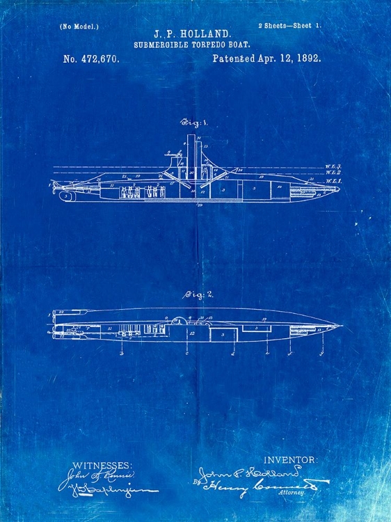Picture of PP91-FADED BLUEPRINT HOLLAND SUBMARINE PATENT POSTER