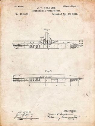 Picture of PP91-VINTAGE PARCHMENT HOLLAND SUBMARINE PATENT POSTER