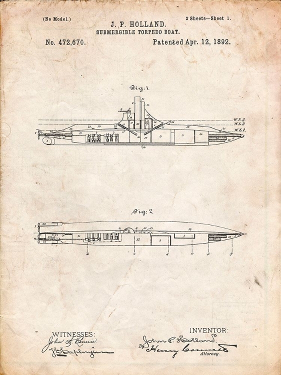 Picture of PP91-VINTAGE PARCHMENT HOLLAND SUBMARINE PATENT POSTER