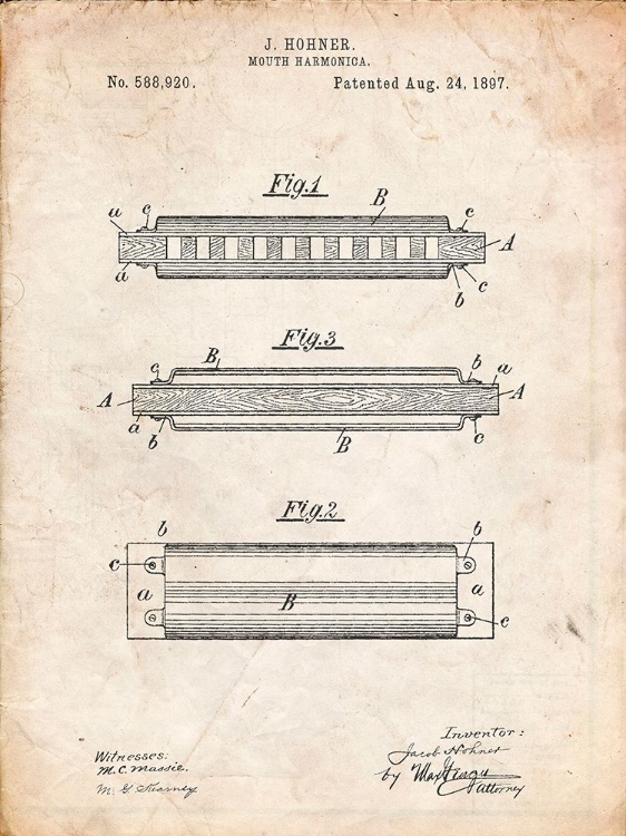 Picture of PP94-VINTAGE PARCHMENT HOHNER HARMONICA PATENT POSTER