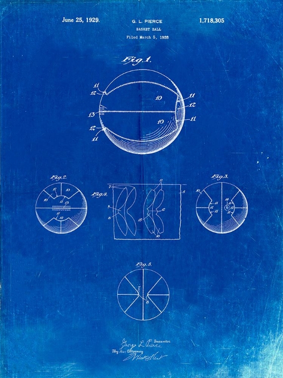 Picture of PP222-FADED BLUEPRINT BASKETBALL 1929 GAME BALL PATENT POSTER