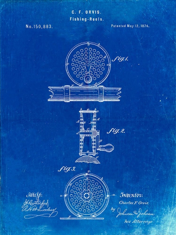 Picture of PP225-FADED BLUEPRINT ORVIS 1874 FLY FISHING REEL PATENT POSTER