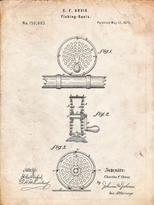 Picture of PP225-VINTAGE PARCHMENT ORVIS 1874 FLY FISHING REEL PATENT POSTER