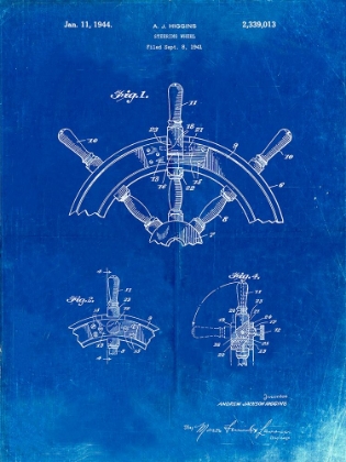 Picture of PP228-FADED BLUEPRINT SHIP STEERING WHEEL PATENT POSTER