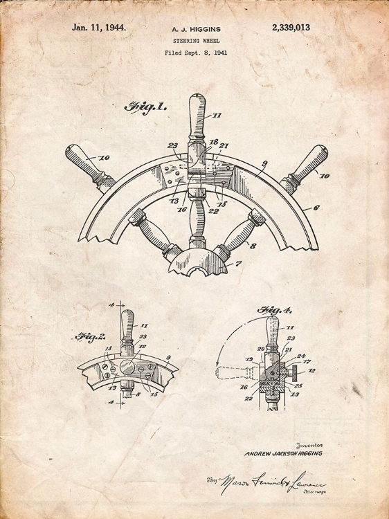 Picture of PP228-VINTAGE PARCHMENT SHIP STEERING WHEEL PATENT POSTER