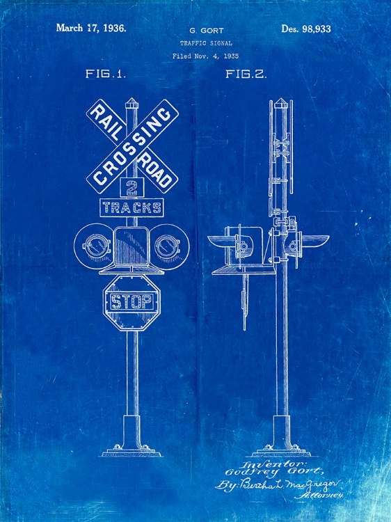 Picture of PP231-FADED BLUEPRINT RAILROAD CROSSING SIGNAL PATENT POSTER