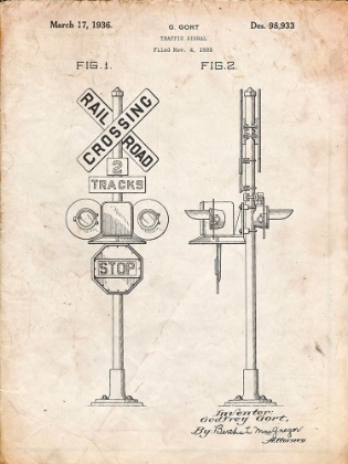 Picture of PP231-VINTAGE PARCHMENT RAILROAD CROSSING SIGNAL PATENT POSTER