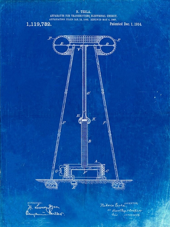 Picture of PP241-FADED BLUEPRINT TESLA ENERGY TRANSMITTER PATENT POSTER