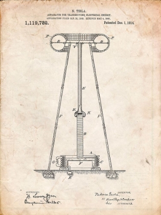 Picture of PP241-VINTAGE PARCHMENT TESLA ENERGY TRANSMITTER PATENT POSTER