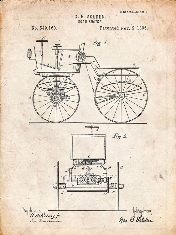 Picture of PP243-VINTAGE PARCHMENT MOTOR BUGGY 1895 PATENT PRINT