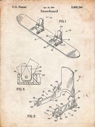 Picture of PP246-VINTAGE PARCHMENT BURTON BASELESS BINDING 1995 SNOWBOARD PATENT POSTER