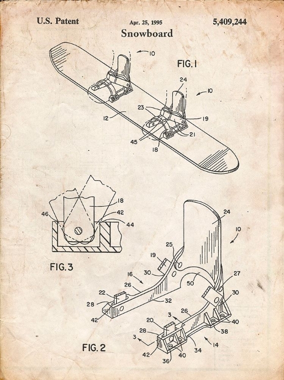 Picture of PP246-VINTAGE PARCHMENT BURTON BASELESS BINDING 1995 SNOWBOARD PATENT POSTER