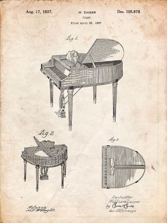 Picture of PP252-VINTAGE PARCHMENT WURLITZER BUTTERFLY MODEL 235 PIANO PATENT POSTER