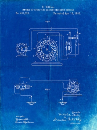 Picture of PP264-FADED BLUEPRINT TESLA OPERATING ELECTRIC MOTORS MAP POSTER