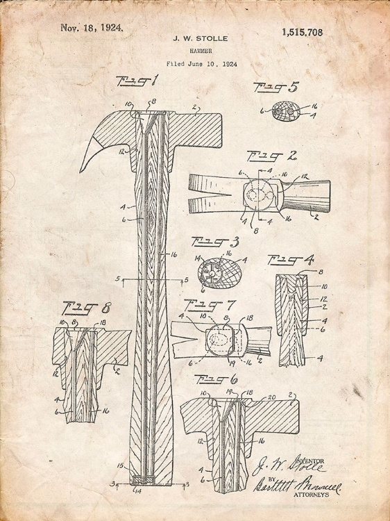 Picture of PP275-VINTAGE PARCHMENT CLAW HAMMER PATENT POSTER