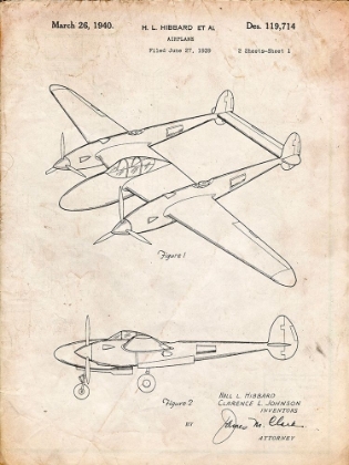 Picture of PP277-VINTAGE PARCHMENT LOCKHEED P-38 LIGHTNING PATENT POSTER
