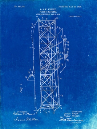 Picture of PP288-FADED BLUEPRINT WRIGHT BROTHERS FLYING MACHINE PATENT POSTER