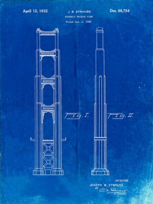Picture of PP321-FADED BLUEPRINT GOLDEN GATE BRIDGE MAIN TOWER PATENT POSTER