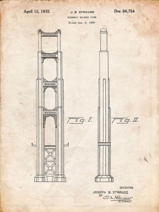 Picture of PP321-VINTAGE PARCHMENT GOLDEN GATE BRIDGE MAIN TOWER PATENT POSTER