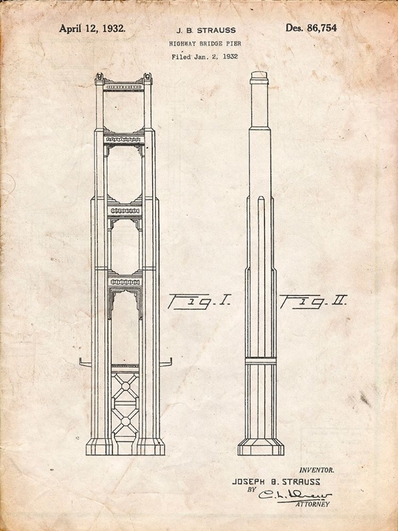 Picture of PP321-VINTAGE PARCHMENT GOLDEN GATE BRIDGE MAIN TOWER PATENT POSTER