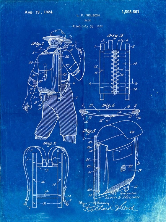 Picture of PP342-FADED BLUEPRINT TRAPPER NELSON BACKPACK 1924 PATENT POSTER