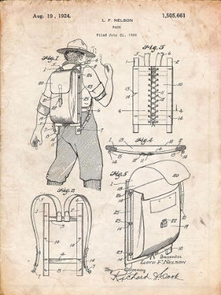 Picture of PP342-VINTAGE PARCHMENT TRAPPER NELSON BACKPACK 1924 PATENT POSTER
