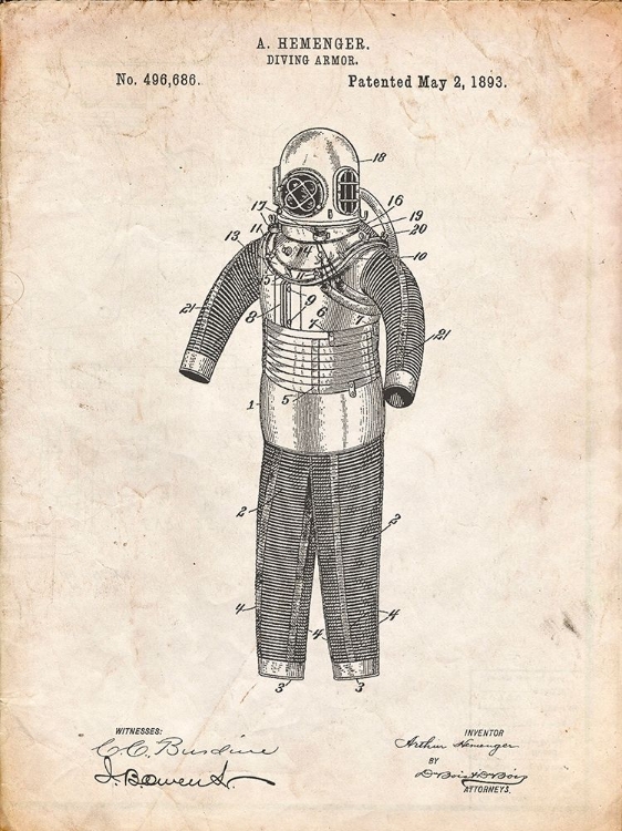 Picture of PP343-VINTAGE PARCHMENT HEMENGER DIVING ARMOR POSTER