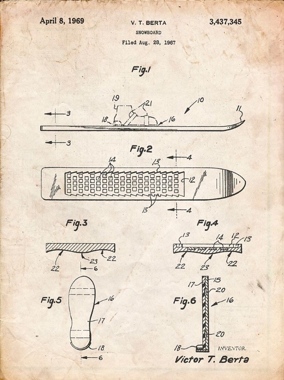 Picture of PP358-VINTAGE PARCHMENT BERTA MAGNETIC BOOT SNOWBOARD PATENT POSTER