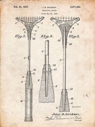 Picture of PP382-VINTAGE PARCHMENT BADMINTON RACKET 1937 PATENT POSTER