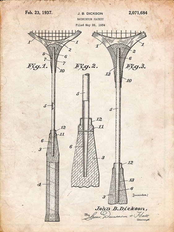 Picture of PP382-VINTAGE PARCHMENT BADMINTON RACKET 1937 PATENT POSTER