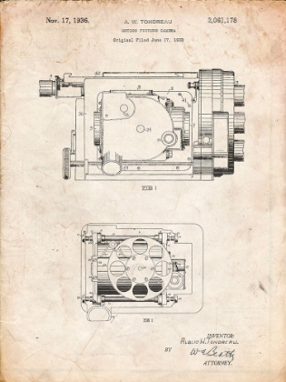 Picture of PP390-VINTAGE PARCHMENT MOTION PICTURE CAMERA 1932 PATENT POSTER