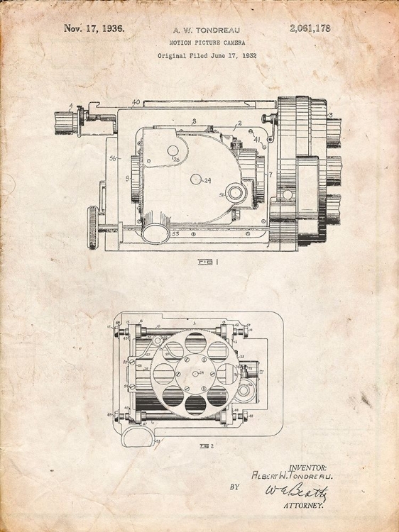 Picture of PP390-VINTAGE PARCHMENT MOTION PICTURE CAMERA 1932 PATENT POSTER